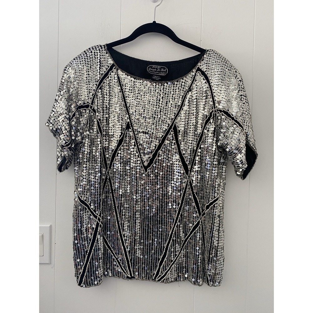 Vintage 80s Sz M Jean for Joseph Le Bon Art Deco Sequin Silk Top Black Silver